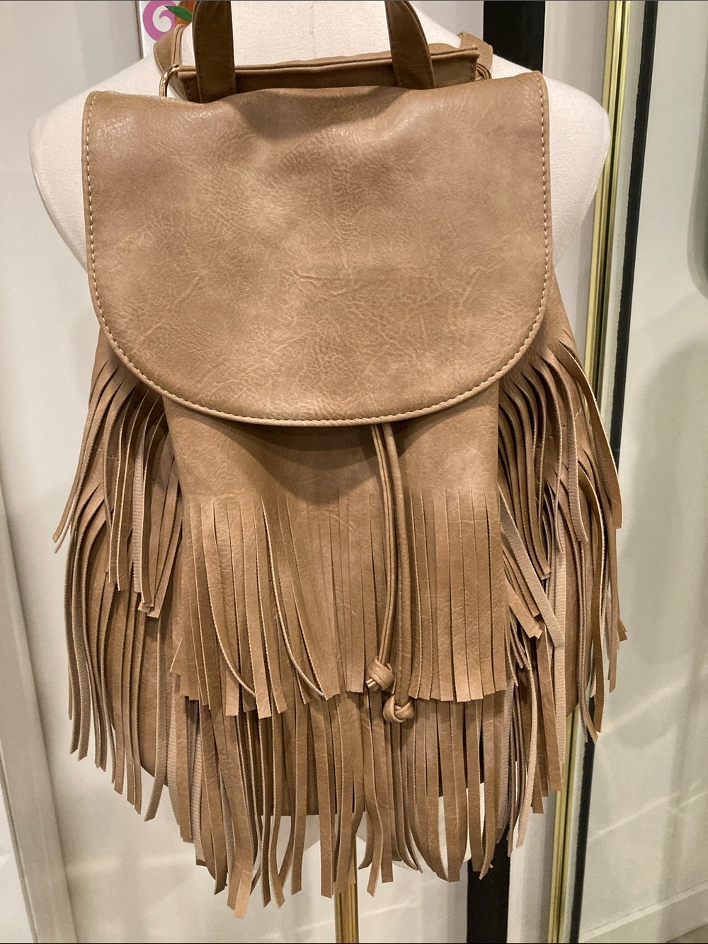 Fringed Boho Faux-Leather Backpack in Tan